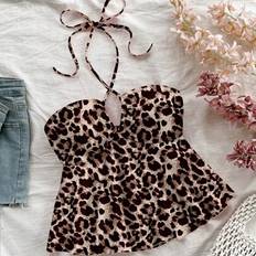 Leopard Tank Tops Shein Soleia Casual Vacation Style Sexy Leopard Print Women Drawstring Ruched Halter Backless Bodycon Camisole - Summer Vacation