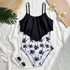 Black Bathing Suits Shein Teen Girls Fitted Ruffled Minimalist One-Piece Swimsuit - Casual/Comfortable