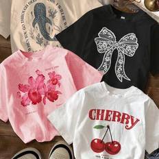 Florals T-shirts Shein Casual Minimalist Resort Style Cherry Floral Bow - Marine Life