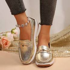 Gold Loafers Shein Metal Buckle Handmade Stitching Beaded Loafers - Gold