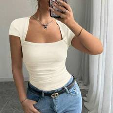 Fashionable U-Neck Slimming Shirring Waist High-Stretch Knit - White