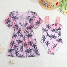 Florals Swimwear Shein Young Girl Tropical Coconut Tree Print Monokini Swimsuit - Cover Up