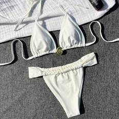 Shein Women's Solid Color Ruched Halter Tie Side Bikini Set - European/American Style Fashion