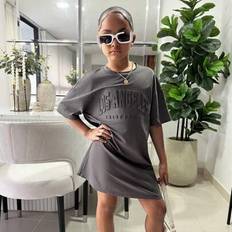 Grey Dresses Children's Clothing Shein Tween Girls Casual Street Style Crew Neck Embossed Loose Dress - Dark Gray