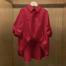 Shein Women's Solid Color Short Sleeve Asymmetrical Fashion Polyester Casual Shirt - Summer