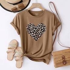 Leopard T-shirts INAWLY Plus Size Women Heart Leopard Print Round Neck Short Sleeve T-Shirt - Graphic Cheetah