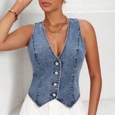 Denim - Women Vests Shein Women's Summer Casual Single Button Denim Vest Jacket