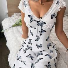 S Nightgowns Shein Ribbed Knit Butterfly Print Contrast Lace - Nightgown