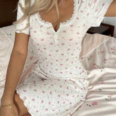 Nightgowns Shein Lace Patchwork Square Neck Two Button Crown - Heart And Ditsy Floral Knit Short Sleeve - Nightgown