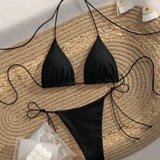 Shein Soft Solid Color Spaghetti Strap Criss-Cross Back Party Bikini Set - Black