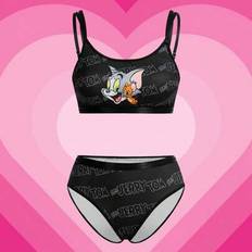 Shein Cute Cartoon & Letter Print Bra And Panty Set - Black/White
