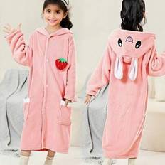 Solid Colours - Unisex Robes Shein Cute Cartoon Rabbit Hooded Long Coral Fleece Bathrobe - Thickened