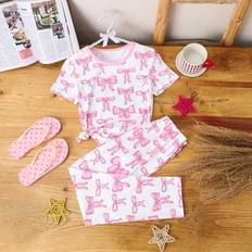 Girls Pyjamases Children's Clothing Shein Girls Cute Bow & Heart Printed Contrast Color Round Neck Sleepwear