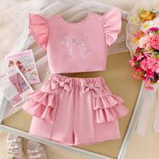 Red Other Sets Shein Bowknot Rhinestone Red Cap Sleeve Top And Ruffle Trim Shorts Set - Red