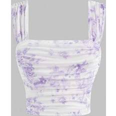 Purple Tank Tops Children's Clothing Shein Elegant Square Neck Floral Print Slim Fit Pleated Vest - Wide Strap