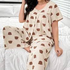 Natural Pyjamas Shein Plus Size Dotted Bear Head Print Crew Neck Button Closure Nightwear Set - Women