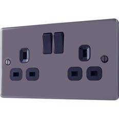 Nickel Effect Double 13A Gloss Black Socket 1 Pole