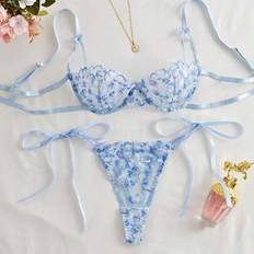 Shein Women Embroidered Mesh Sheer Lace-Up Lingerie Set - Blue Flower