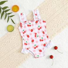 0-1M Bathing Suits Shein Newborn One-Piece Swimsuit With Strawberry Plaid Print - Ruffle Trim