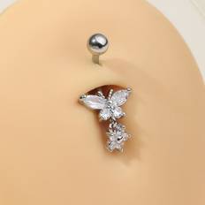 Unisex Piercings Shein Rhinestone Butterfly Decor Navel Belly Ring - Stainless Steel