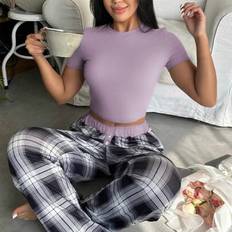 Purple - Women Pyjamas Shein Women's 2 Pieces Crewneck Plaid Loungewear Set