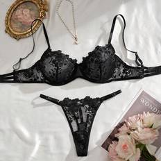 Shein Sheer Embroidered Mesh Solid Color Bra And Thong Panty Set - Black