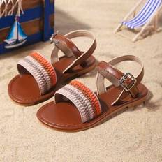 Brown Sandals Shein Brown PU Leather Flat Sandals - Brown