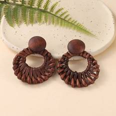 Wood Earrings Shein Handmade Woven Rattan Hollow Circle Natural Wood Design Island Resort Style Earrings - Women