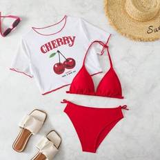 White Bikinis Children's Clothing Shein Teen Girls Summer Holiday Beach Happy Cherry Print Short Sleeve T-Shirt - White