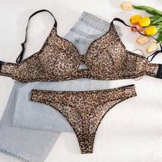 Shein Women Plus Size Solid Leopard Print Seamless Bra And Panty Set