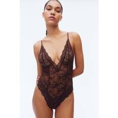 Bodys H&M Damen Tangabody Aus Spitze Mit Tiefem Ausschnitt - Weinrot