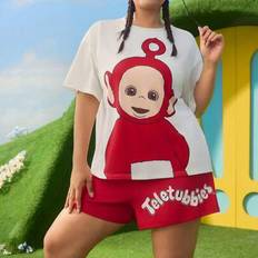 Shein Plus Size Cartoon & Letter Print Top And Shorts Pajama Set - White/Red