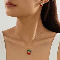 Metal Jewellery Sets Shein Fashionable Crystal Alloy Cherry Necklace & Earrings Set - Women