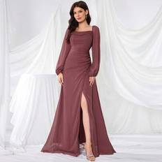Shein Long Sleeve Chiffon Dress With Pleats - Open Back/Waist Tie
