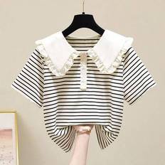 Polyester Blouses & Tunics Children's Clothing Shein Girls Ruffle Trim Striped Short Sleeve T-Shirt Blouse - Summer