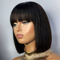 Wigs on sale Temu Women's Short Bob Human Hair Wig With Bangs