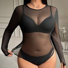 4XL Bodysuits Shein Plus Size Women Mesh See-Through Long Sleeve Bodysuit - Summer Clothes