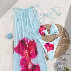 M Bikini Sets Shein 3pcs Set Women Summer Floral Print Halter Bohemian Beach Holiday Bikini Swimsuit And Sarong Skirt