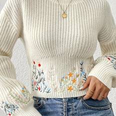 Florals Jumpers Temu Women's Elegant Casual High Neck Short Sleeve Pullover Sweater - Delicate Floral Print