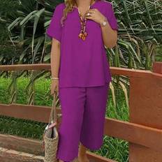 Purple Suits Shein Plus Size Vacation Casual Solid Color V-Neck Top And Pants Set - 2 Pieces
