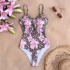 Brown Swimwear Shein Teens Girls Leopard Lily Flower Print Vintage Style Knit Spaghetti Strap One-Piece Swimsuit - Pink/Brown
