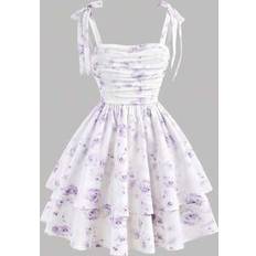 Shein Tween Girl Spaghetti Strap Bow Cute Elegant Ruched Waist A-Line Layered Ruffle Ditsy Floral Mesh Tea Party Dress - Spring/Summer