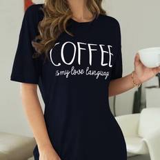 Black Nightgowns Shein Slogan Graphic Drop Shoulder Pajama Nightdress