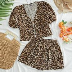 Shein Women Casual Chiffon Leopard Print Balloon Sleeve Loose Shirt & High Waist Shorts Set - Women's