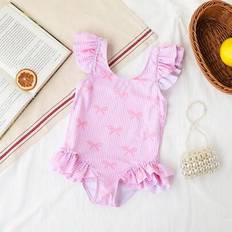 Shein Young Girl Pink Bow Stripe Print Ruffle One-Piece Swimsuit