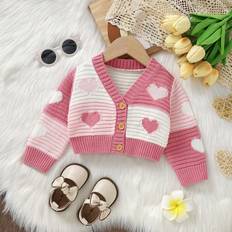 9-12M Cardigans Children's Clothing Shein Baby Girl Heart Pattern Two Tone Button Front Cardigan