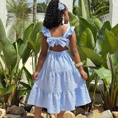 Shein Girls Vacation Ruffled Sleeveless Bowknot A-Line Woven Solid Color Dress - Matching Sister