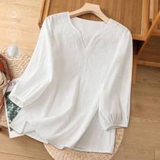 V-Neck Shirts Shein Women's V-Neck Embroidered Short Sleeve Shirt - White