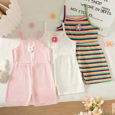 Polyester Jumpsuits Shein Young Girl'summer New Arrival Knit Jacquard Fabric Sleeveless Romper - White/Pink/Colorful
