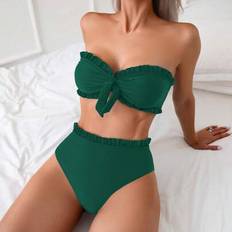 Bikini Sets Shein Women's Summer Beach Solid Color Ruffle Trim Bandeau Bikini Set - Black